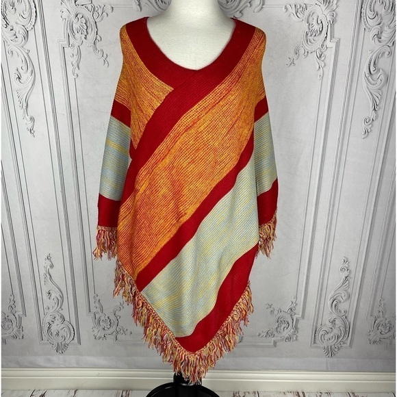 Colorful Striped Women's Poncho Fringe Sweater Layering Cardigan - Picture 5 of 9
